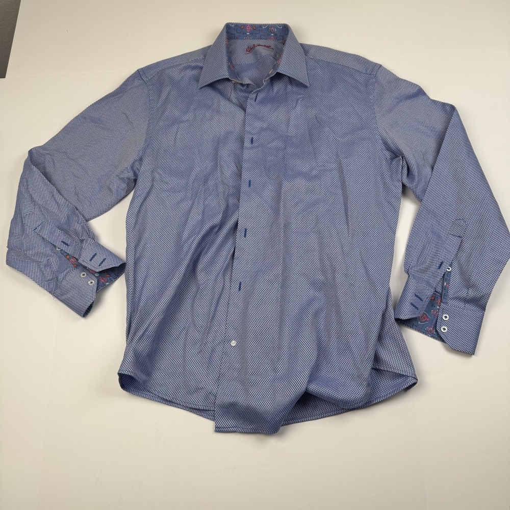 Robert Graham Shirt Mens XL 2XL Blue Geometric Print Contrast Cuffs Long Sleeve